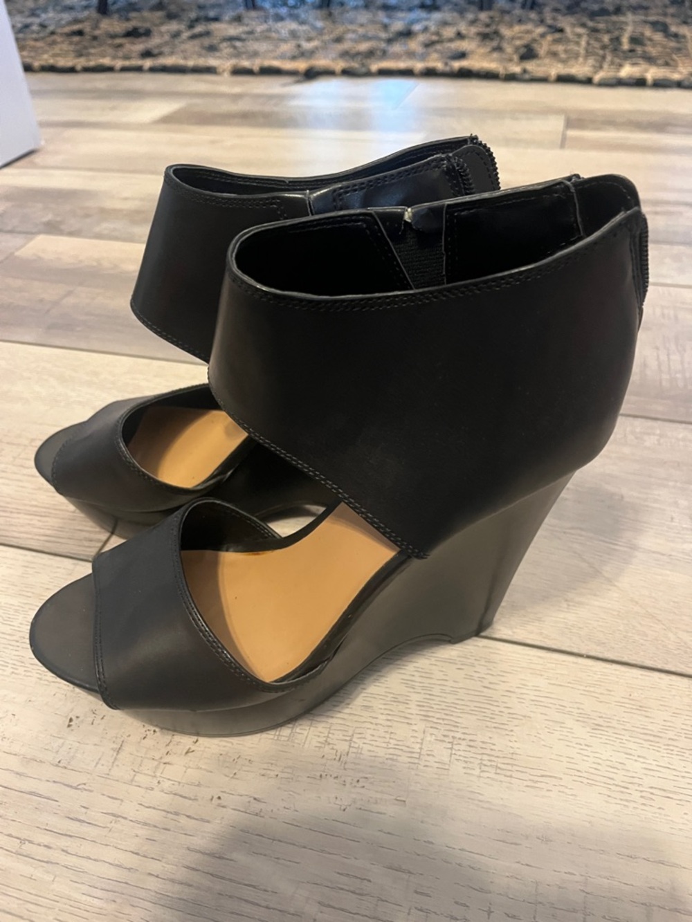 NINE WEST Women's Black Wedge Peep-Toe Ankle Heels.  Brand New.